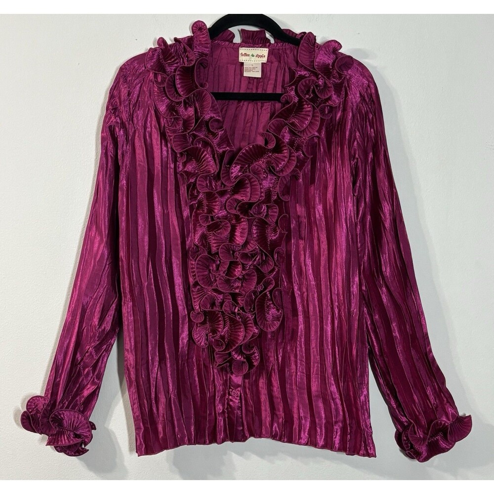 Toffee Apple Top L Dark Fuchsia Magenta Crinkle Ruffle Liquid Satin Blouse Y2K